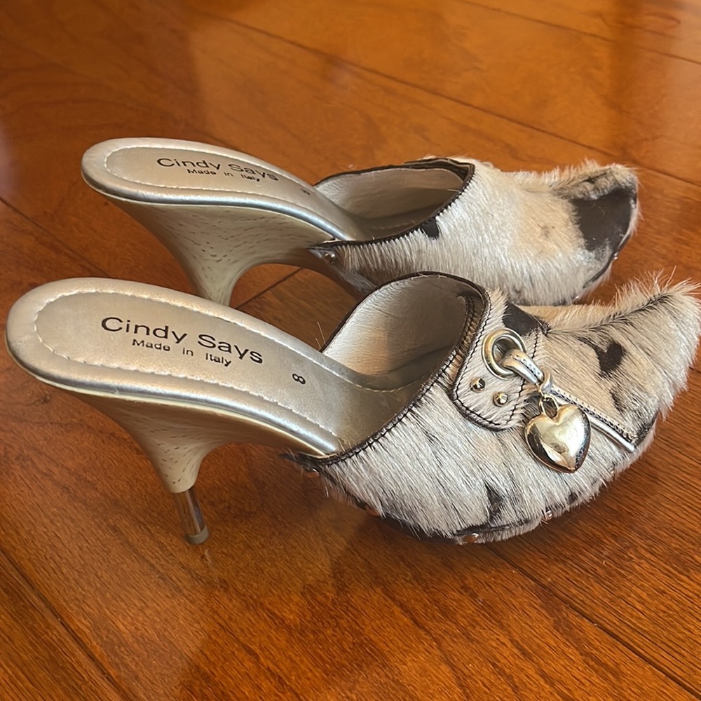 Italian sandals wood heels pomps 6 Cindy Says goat hair, unique decoration metal - Picture 6 of 12
